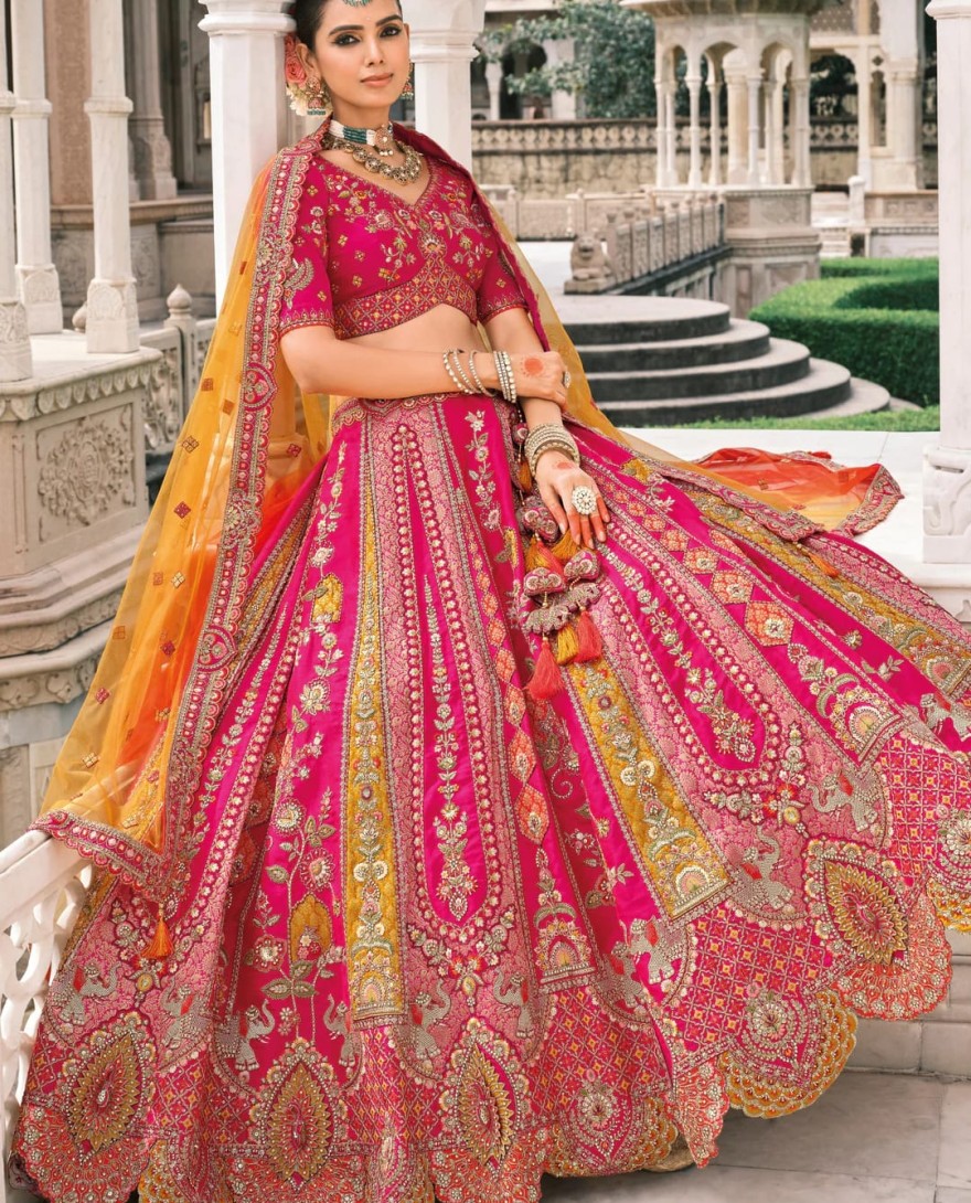 HOTPINK - Hot Pink & Green Fancy Silk Lehenga Choli With Cut Work Embroidery Border & Stone Work